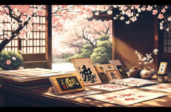 Атмосферная иллюстрация традиционных японских печатей штампов из монастырей, расставленных на рисовой бумаге в окружении спокойного храма.