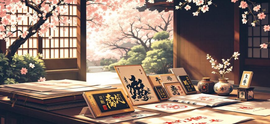 Атмосферная иллюстрация традиционных японских печатей штампов из монастырей, расставленных на рисовой бумаге в окружении спокойного храма.